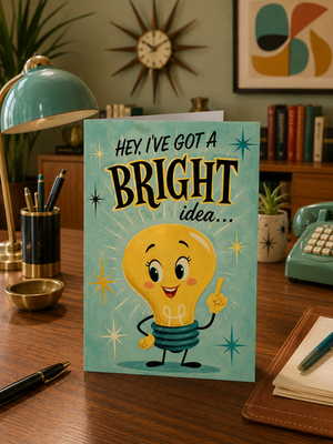A greeting card featuring a cartoon lightbulb character and the text 'HEY, I'VE GOT A BRIGHT idea.