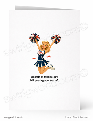 A folded white greeting card shown front and back on a white background. The front features a retro-style illustration of a cheerleader jumping with pom-poms, and the back text reads 'Backside of foldable card Add your logo/contact info'.