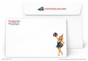 A printed birthday cheer-themed envelope set shown on a white background. The front envelope has a cheerleader illustration and the text 'A little birthday cheer inside!', and the back envelope shows placeholder address text and a small 'GO!' graphic.