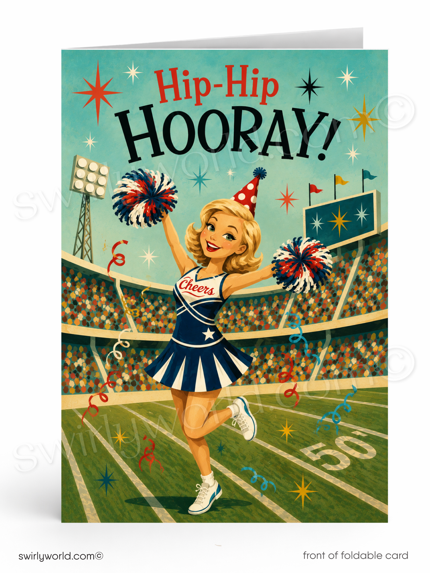 A folded greeting card shown standing upright on a white background. The card features a retro-style illustration of a cheerleader in a stadium with the text 'Hip-Hip HOORAY!' at the top.