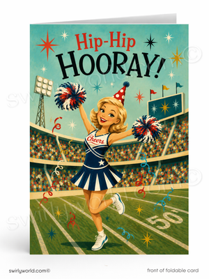A folded greeting card shown standing upright on a white background. The card features a retro-style illustration of a cheerleader in a stadium with the text 'Hip-Hip HOORAY!' at the top.