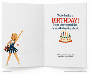 An open folding greeting card with a retro birthday design. The left panel shows a cheerleader illustration, and the right panel reads, 'You're having a BIRTHDAY! Hope your special day is worth cheering about.