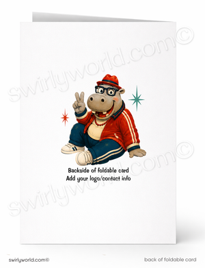A folded greeting card shown front and back on a white background. The front features a cartoon hippo wearing a red cap, red jacket, and blue pants, with small star accents and the text 'Backside of foldable card Add your logo/contact info.