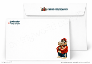 A set of printed stationery envelopes on a white background, including a front envelope with a cartoon hippo character and the text 'STRAIGHT OUTTA THE MAILBOX' and a name/logo field, plus a back flap showing a small retro radio icon.