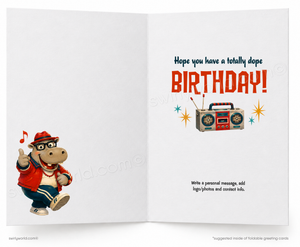 An open greeting card shown front and back on a white background. The left panel features a cartoon hippo wearing a red hat, red jacket, blue pants, and glasses, with a music note.