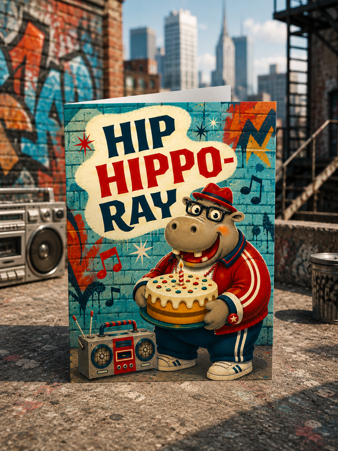 A foldable greeting card featuring a retro-style illustration of a hippo wearing a red cap and red-and-white jacket, holding a birthday cake with a single candle. Large text reads “HIP HIPPO-RAY,” with a turquoise graffiti-style background, music notes, stars, and a boombox.