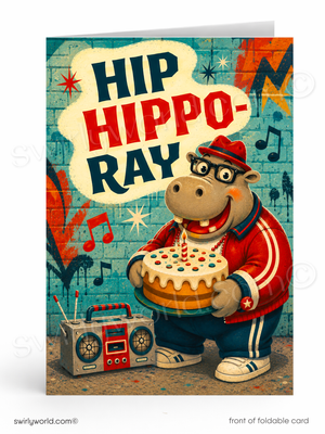 A foldable greeting card featuring a retro-style illustration of a hippo wearing a red cap and red-and-white jacket, holding a birthday cake with a single candle. Large text reads “HIP HIPPO-RAY,” with a turquoise graffiti-style background, music notes, stars, and a boombox.
