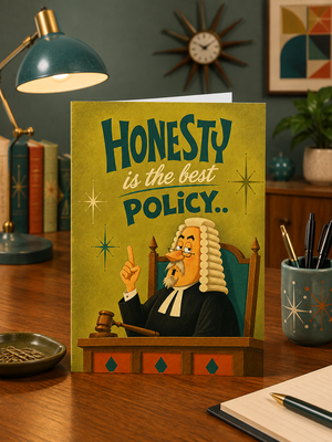 A greeting card featuring a cartoon judge with the text 'HONESTY is the best POLICY.