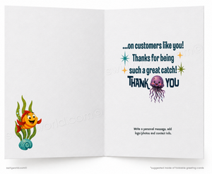 An open greeting card shown front and back on a white background. The front features a cartoon orange fish with red fins and green seaweed on a blue shell.