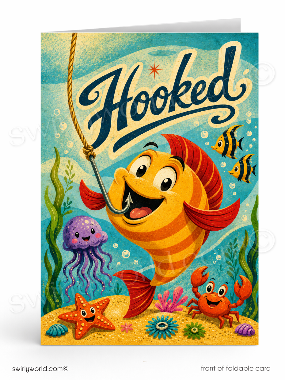 A colorful front cover of a foldable card or poster featuring an underwater scene with a smiling orange striped fish hooked on a rope, plus a purple jellyfish, crab, starfish, and seaweed. The word 'Hooked' appears in large stylized lettering at the top.