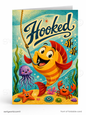 A colorful front cover of a foldable card or poster featuring an underwater scene with a smiling orange striped fish hooked on a rope, plus a purple jellyfish, crab, starfish, and seaweed. The word 'Hooked' appears in large stylized lettering at the top.