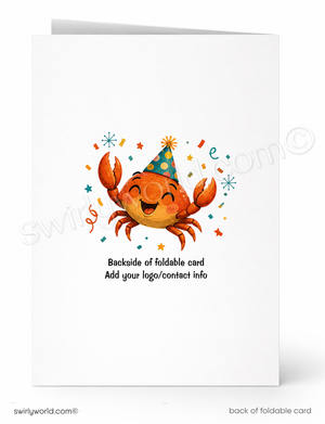 A folded white greeting card shown front and back. The front features a smiling orange crab wearing a blue party hat with colorful confetti and star accents.