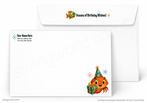A printed birthday envelope set shown on a white background, with a front envelope featuring a smiling octopus holding a gift and a party hat, and a back envelope with placeholder text and a small snowflake icon.
