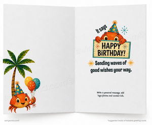 An open greeting card with a white interior. The left panel shows a cartoon orange crab wearing a party hat beside a palm tree and colorful balloons.