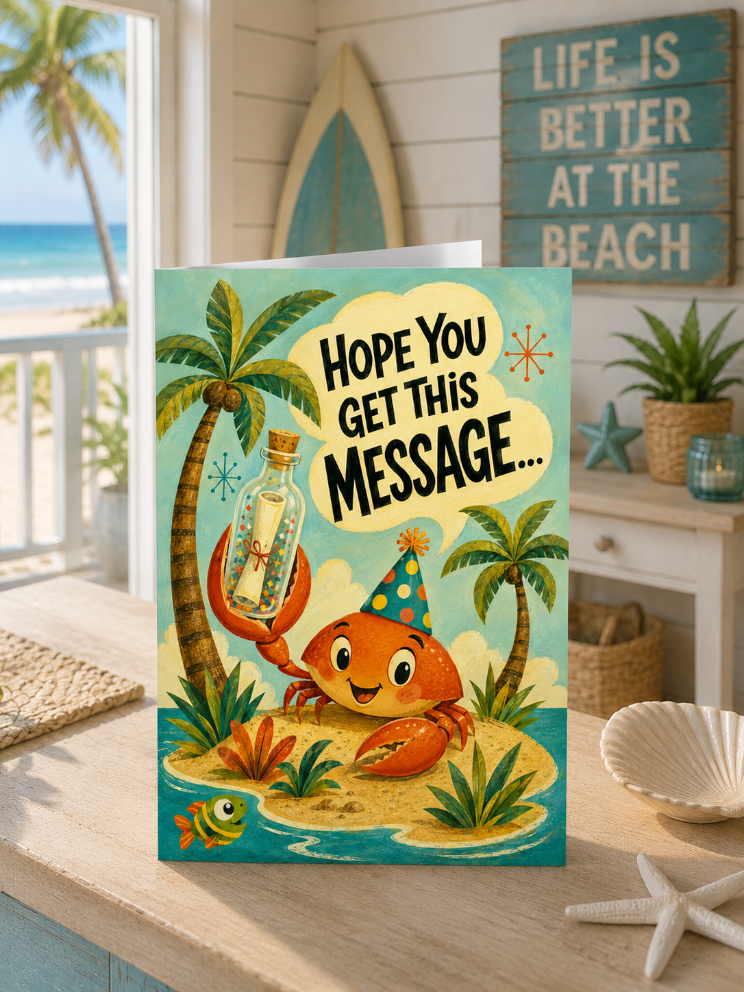 A colorful foldable greeting card shown upright on a white background. The card features a whimsical tropical beach illustration with palm trees, sand, ocean, and a smiling orange crab wearing a party hat while holding a glass bottle with a message inside.