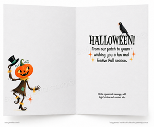 An open greeting card with a white background, featuring a Halloween theme. The left side shows a cartoon jack-o'-lantern character wearing a top hat and staff, and the right side has the word 'HALLOWEEN!' in bold black letters above a message from the patch, with a small black raven at the top right.