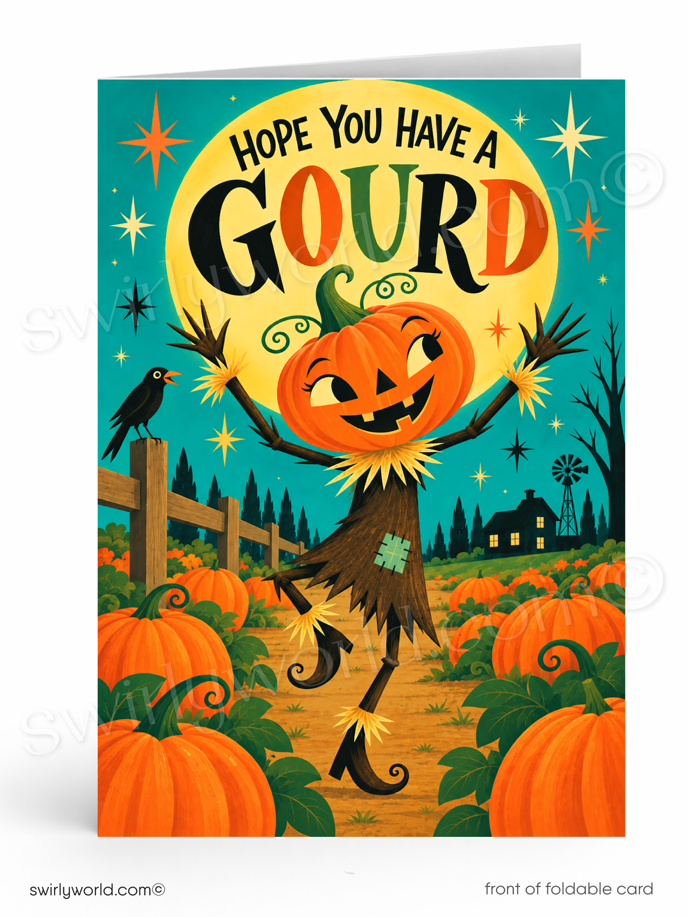 A folded greeting card shown front-on against a white background. The card artwork features a Halloween scene with a smiling jack-o'-lantern character in the center, pumpkins around the ground, a black bird on a fence, stars, and the text 'HOPE YOU HAVE A GOURD' over a large yellow moon.