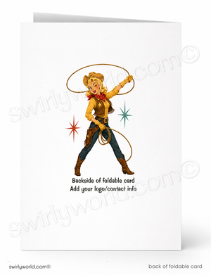 A white foldable greeting card shown front and back. The front features a western cowgirl illustration holding a lasso, with decorative starburst accents and placeholder text reading 'Backside of foldable card Add your logo/contact info.