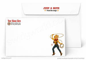 A printed stationery set showing a white envelope behind a matching white letterhead card. The card has red placeholder text reading 'Your Name Here' and a cowboy illustration with a lasso and yellow hat.