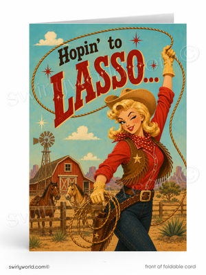 A vintage-style folding card featuring a retro cowboy illustration with the text 'Hopin' to LASSO...' on the front.