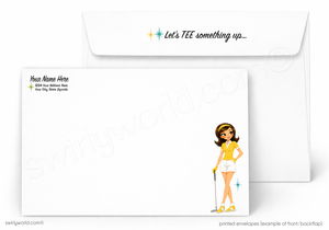 A printed stationery set shown on a white background: a white envelope behind a matching white envelope card. The envelope has the phrase “Let’s TEE something up.
