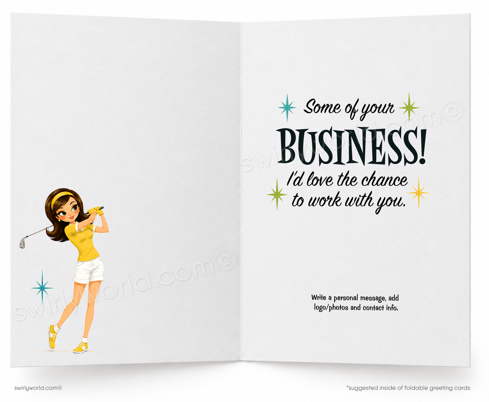 A folded greeting card shown standing upright on a white background. The front features a retro-style illustration of a woman in a yellow polo shirt and white skirt putting on a golf course, with the text 'Hoping to SCORE.