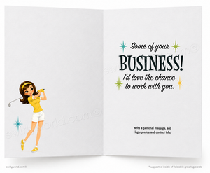 An open greeting card or booklet shown front and back. The left panel features a cartoon illustration of a woman in a yellow top and white shorts swinging a golf club.