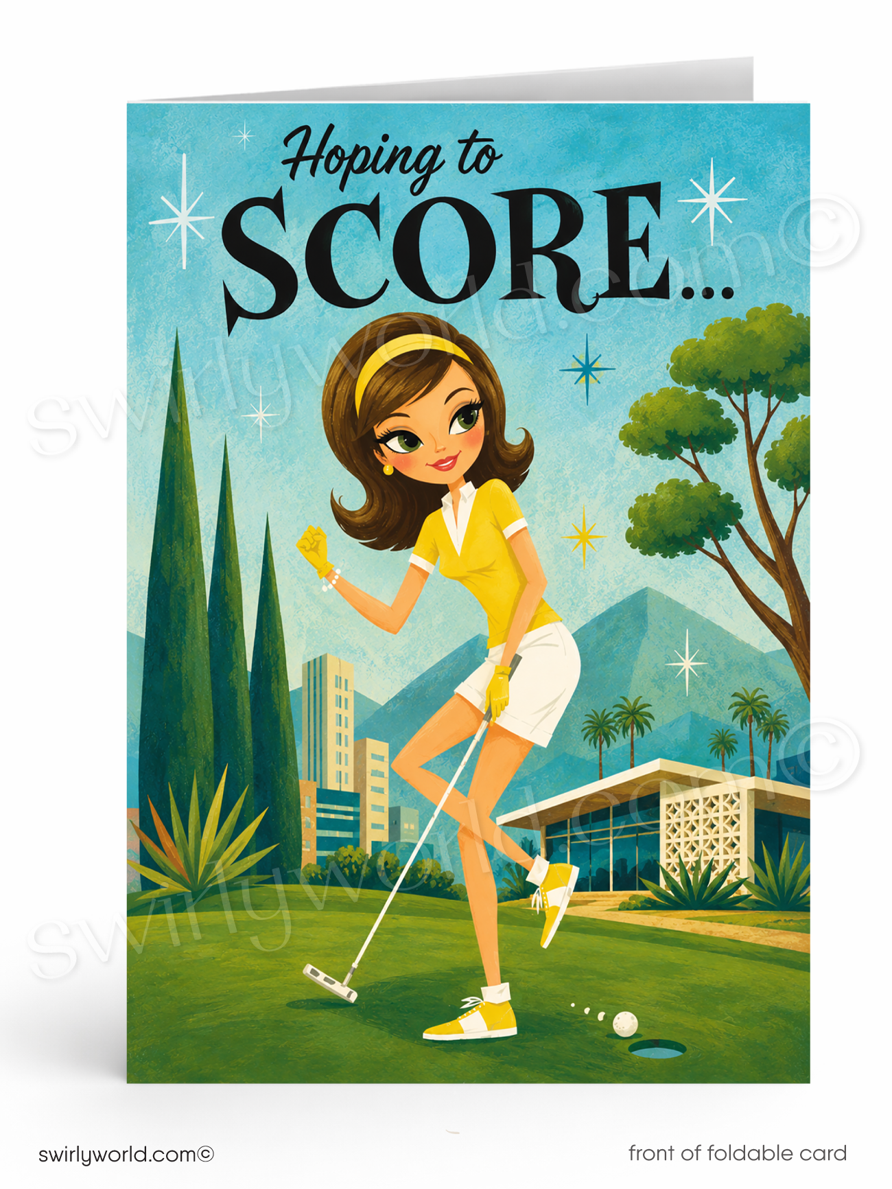 A folded greeting card shown standing upright on a white background. The front features a retro-style illustration of a woman in a yellow polo shirt and white skirt putting on a golf course, with the text 'Hoping to SCORE.
