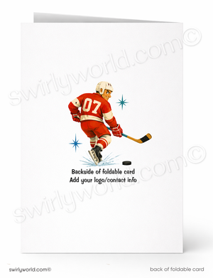 A white foldable greeting card shown front and back. The front features an illustration of a hockey player in a red jersey with the number 07, and the back text reads 'Backside of foldable card Add your logo/contact info'.