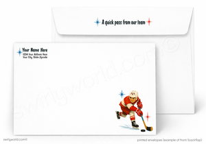 Personalized hockey-themed printed envelopes shown on a white background, with one envelope in back and one front envelope in front. The front envelope features a printed illustration of a hockey player in red and white, along with placeholder text for a name and address, while the back envelope shows printed team message text.