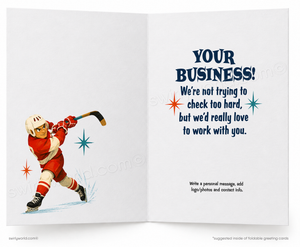 An open greeting card with a white background. The left panel shows a retro-style illustration of a hockey player in a red and white uniform skating with a hockey stick.