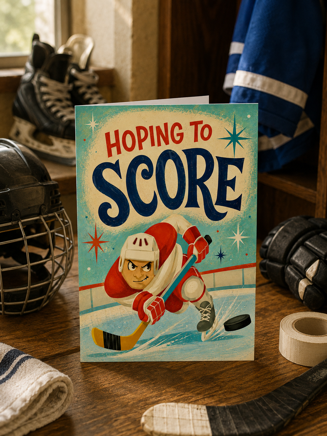 A retro-style foldable greeting card featuring a hockey player on the ice with the text 'Hoping to Score' in bold red and navy lettering. The card is shown standing upright against a light gray background.
