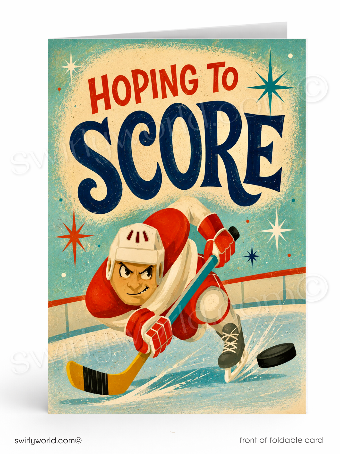 A retro-style foldable greeting card featuring a hockey player on the ice with the text 'Hoping to Score' in bold red and navy lettering. The card is shown standing upright against a light gray background.
