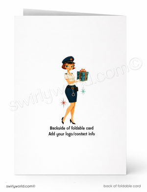 A folded greeting card shown front and back on a white background. The front features a retro-style illustration of a female police officer holding a gift box, with the text 'Backside of foldable card Add your logo/contact info' below.