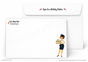 A printed stationery set showing a white envelope with a custom birthday citation on the flap and a matching white card with a retro pin-up girl illustration holding a birthday cake. Placeholder text is visible on the card.