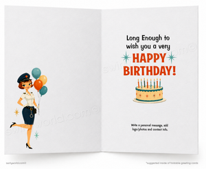 An open folding greeting card shown front and back. The left panel features a retro-style illustration of a female police officer holding balloons, and the right panel has the text 'Long Enough to wish you a very HAPPY BIRTHDAY!' above a birthday cake illustration.