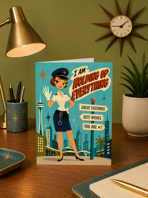A retro-style greeting card featuring a pin-up woman and the text 'I AM HOLDING UP EVERYTHING' stands on a wooden desk. The card is styled in a cozy room setting with a brass lamp, plant, clock, and notebook.
