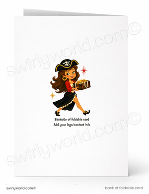 A white foldable card shown front and back. The front features a cartoon pirate girl in a black hat and skirt carrying a treasure chest, with small text below.