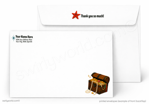 A white stationery set showing a blank envelope in the back and a matching addressed card in the front. The envelope has a red star icon with the text 'Thank you so much!' at the top right.