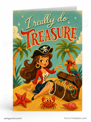 A foldable greeting card featuring a retro pirate illustration with the text 'I really do TREASURE' on a sandy beach scene with palm trees, a treasure chest, pearls, and a parrot.