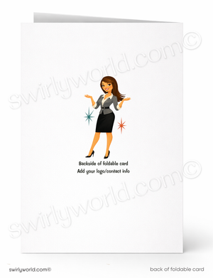 A folded white greeting card shown front and back on a white background. The front features a small illustrated woman in a gray blazer and black skirt with star accents, and the back has placeholder text reading 'Backside of foldable card' and 'Add your logo/contact info'.