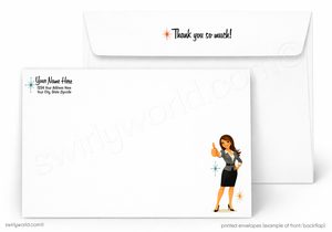 A printed stationery set showing the front and back of a white envelope. The front has a small illustrated woman in a gray blazer and black skirt with a starburst, and the back has placeholder text for an address and a small starburst.