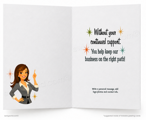 An open greeting card or booklet shown front and center on a white background. The left page features a cartoon woman in a gray blazer pointing upward, with small starburst accents.