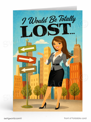 A folded greeting card shown upright on a white background. The card features a cartoon illustration of a woman in a gray blazer and black skirt standing beside a road sign with three arrows pointing in different directions.