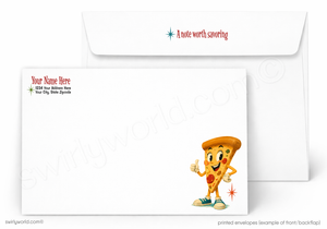 A set of white printed envelopes shown on a light gray background. The front envelope features a cartoon pizza slice character giving a thumbs-up, and the back envelope has red text reading 'A note worth savoring' with a blue star accent.