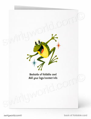 Foldable greeting card shown front and back on a white background. The front features a green and yellow cartoon frog with small star accents, and the back has placeholder text reading 'Backside of foldable card' and 'Add your logo/contact info'.