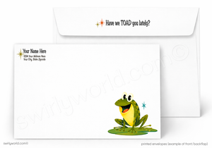 A set of printed white envelopes shown on a light gray background. The front envelope features a cartoon green and yellow frog sitting on a green patch with a small blue star, and the back envelope has the printed phrase 'Have we TOAD you lately?' with a small star.