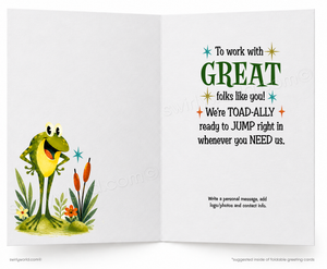 An open greeting card with a white background. The left page features a colorful illustration of a green and yellow frog standing among plants.