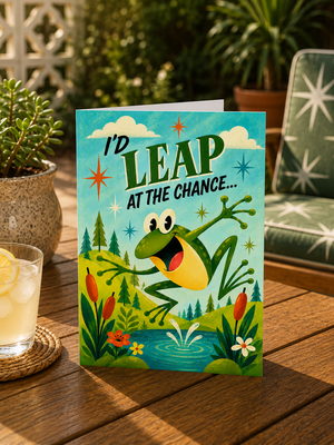 A square greeting card featuring a colorful cartoon frog jumping in a pond with the text 'I'D LEAP AT THE CHANCE.