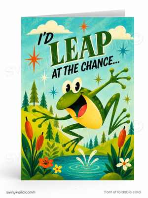 A folded greeting card shown front-facing on a white background. The card features a colorful cartoon frog jumping over a pond with the text 'I'D LEAP AT THE CHANCE.